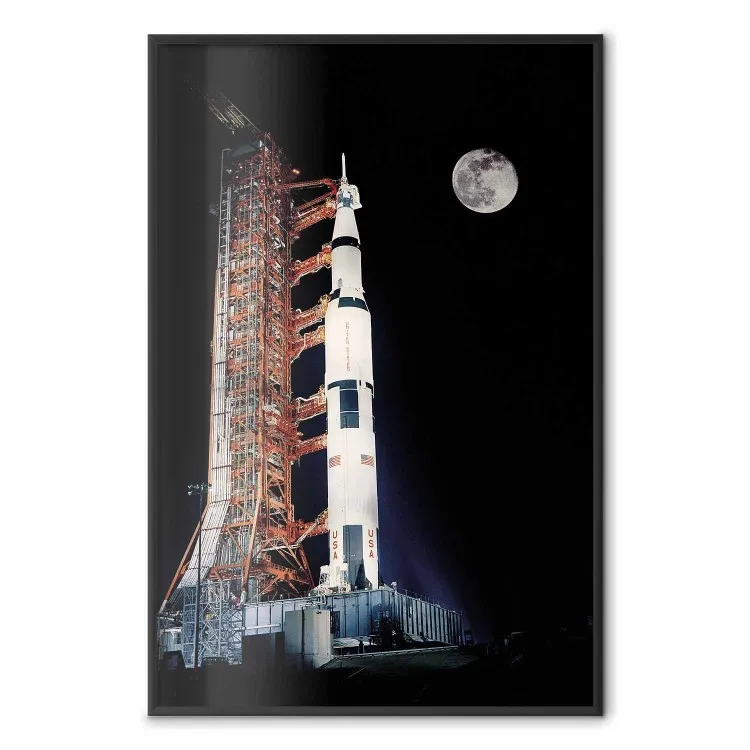 Reiseziel - Rakete an Andockstation, Mond im Hintergrund