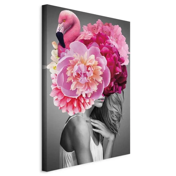 Flamingo-Girl (1-teilig) Hochformat - Frau mit Vogel und Pfingstrose
