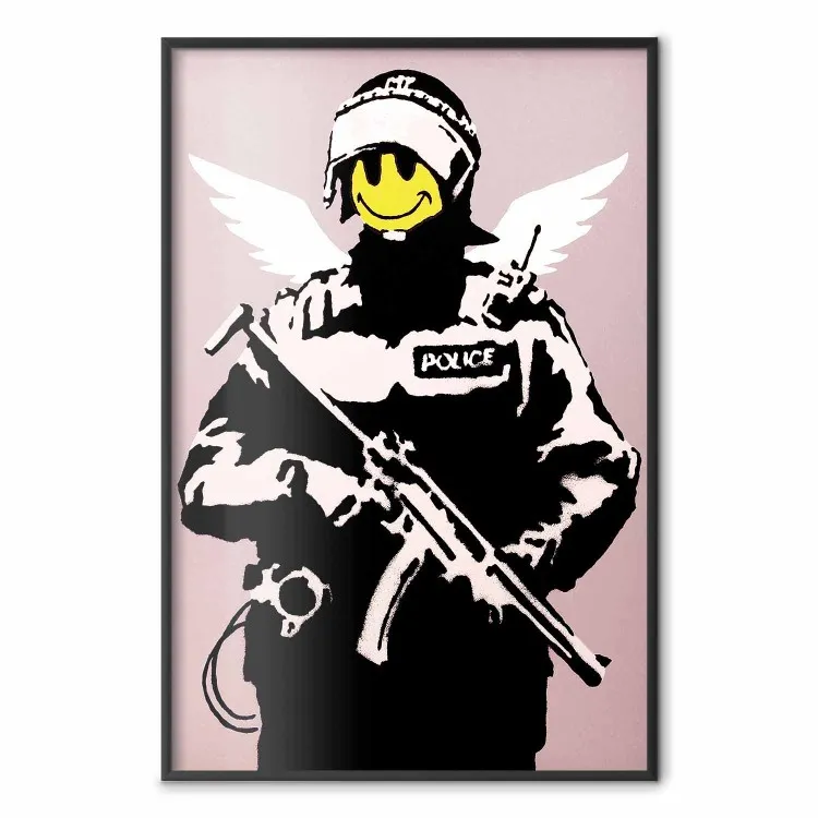 Polizist - Mann mit gelbem Gesicht und Flügeln im Banksy-Stil