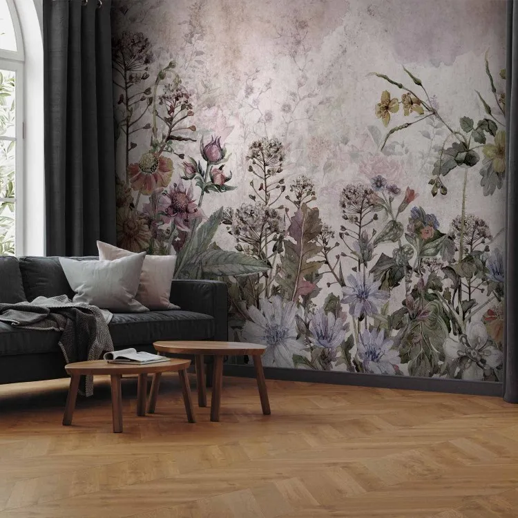 Sommerwiese - Naturlandschaft mit blühenden Feldblumen im Retro-Stil