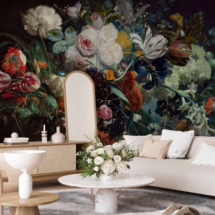 Malerischer Blumenstrauß - Blumenmuster im Barockstil auf Schwarz