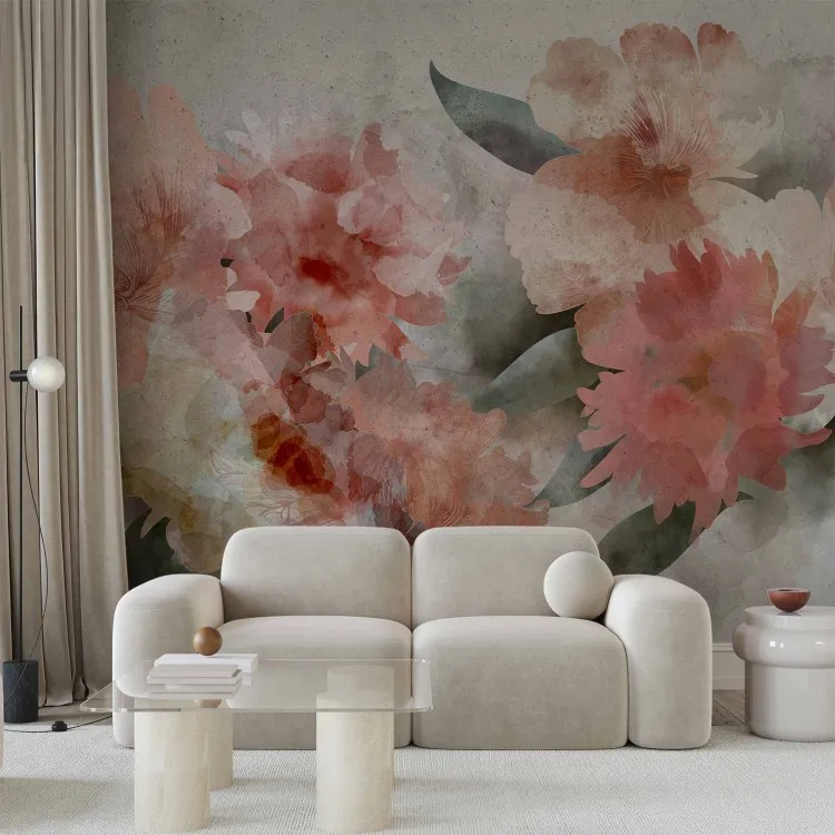 Blühender Aquarellgarten - Rosa Pfingstrosen mit Pflanzenmotiv