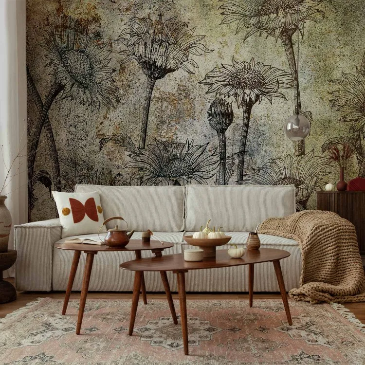 Alte Radierung - Blühende Feldblumen mit Blättern im Retro-Stil