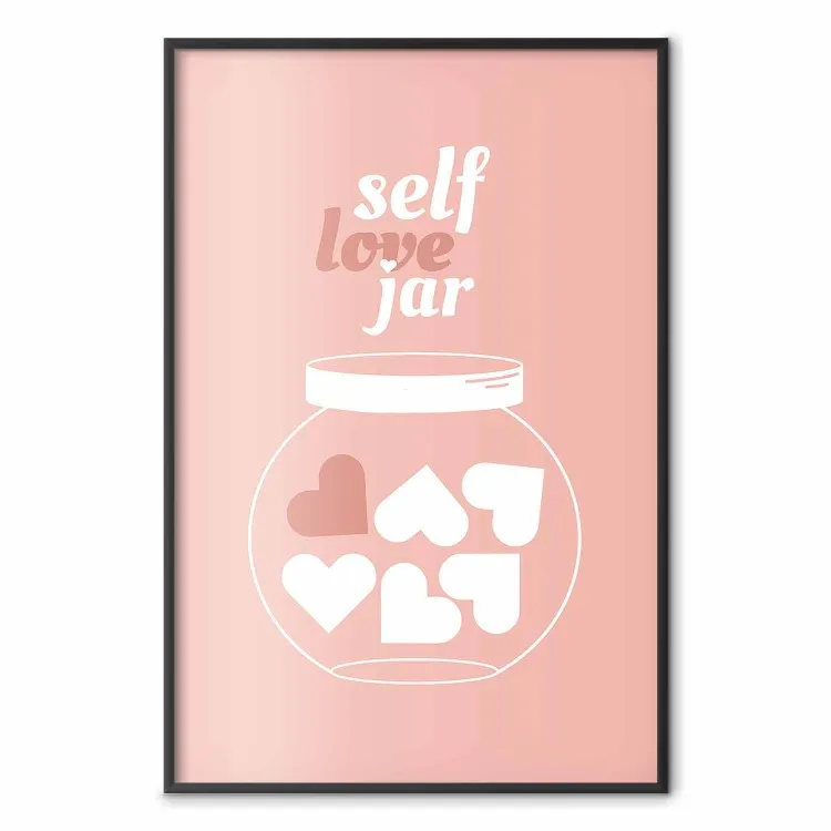 Selbstliebe-Glas - Glas mit Herzen und Beschriftungen auf rosa
