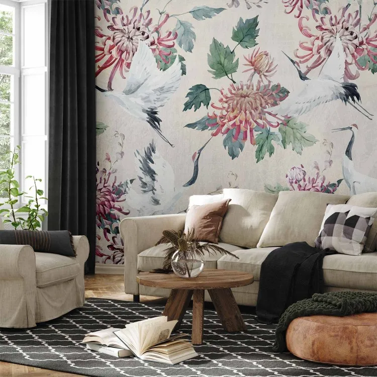 Komposition orientalisch - Kranichvogel mit Blumen im Hintergrund