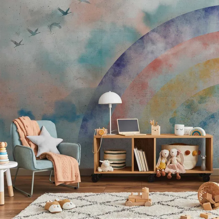 Regenbogenträume - Landschaft mit Wolken und fliegenden Vögeln