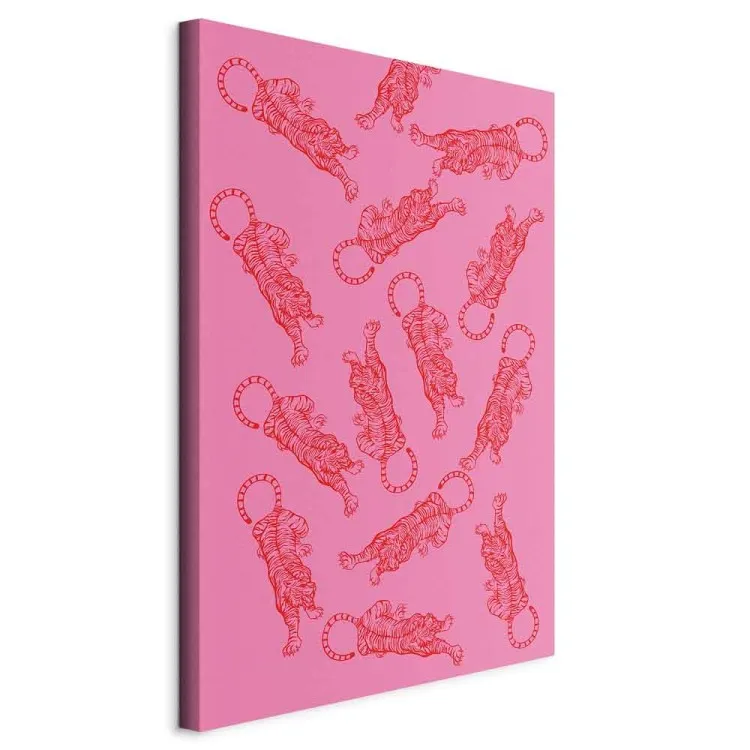 Tanzende Tiger (1-teilig) Vertikal - Wilde Katzen auf rosa Hintergrund