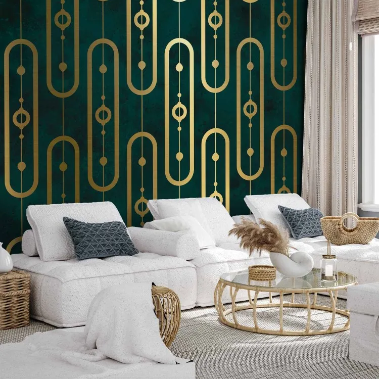 Art Deco - Abstraktion mit goldenen Kettenelementen auf Türkis