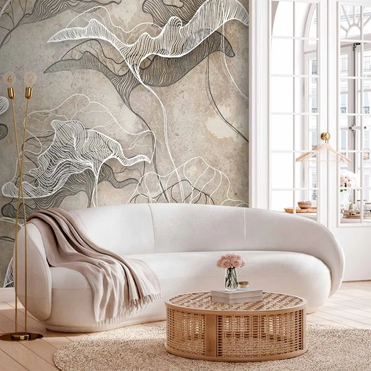 Drawn Nature - White Lineart Leaves Casting Shadow on the Beige Wall