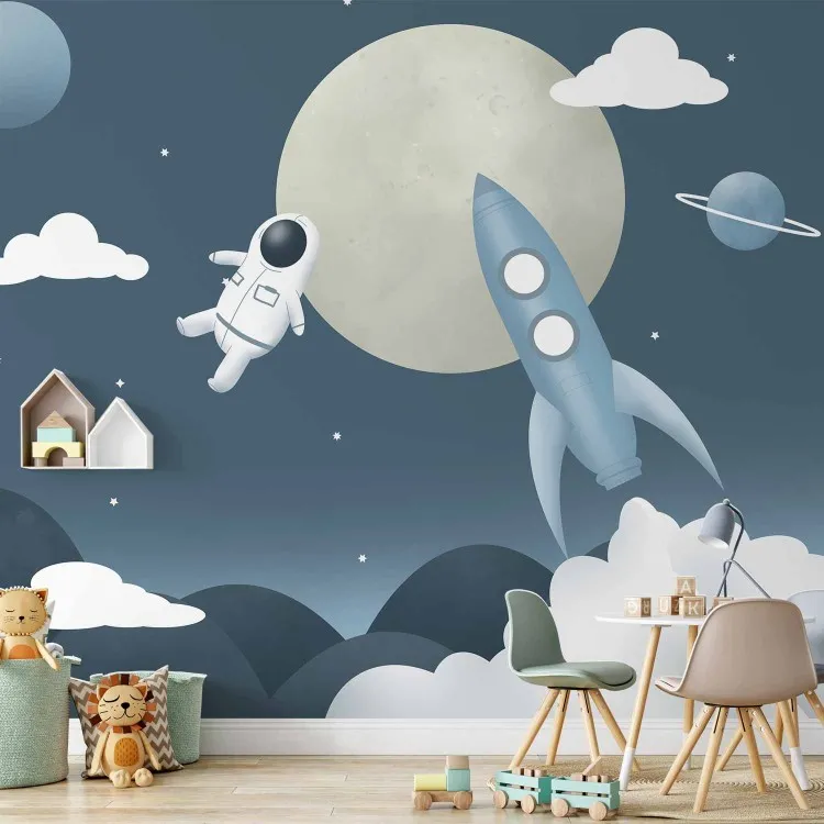 Astronaut in Space - Rocket and Planets in the Blue Sky
