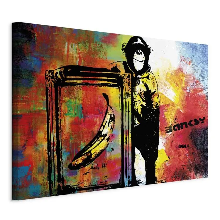 Affe mit Banane (1-teilig) - Banksy-Wandgemälde auf buntem Hintergrund