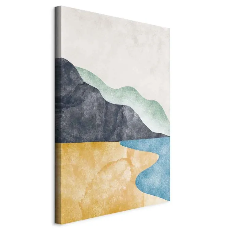 Abstract Landscape - Beach, Mountains and Ocean Against a Light Gray Sky