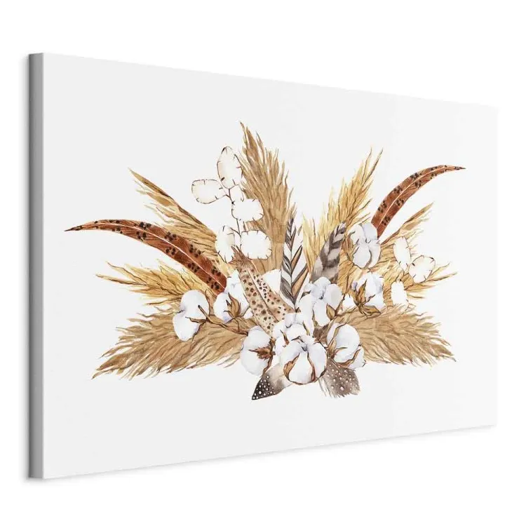 Watercolor Bouquet - Composition of Feathers and Dry Grass in Shades of Beige