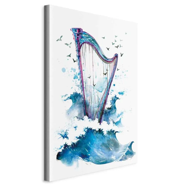 Harp and Waves - Musical Theme With Birds Painted With Watercolor