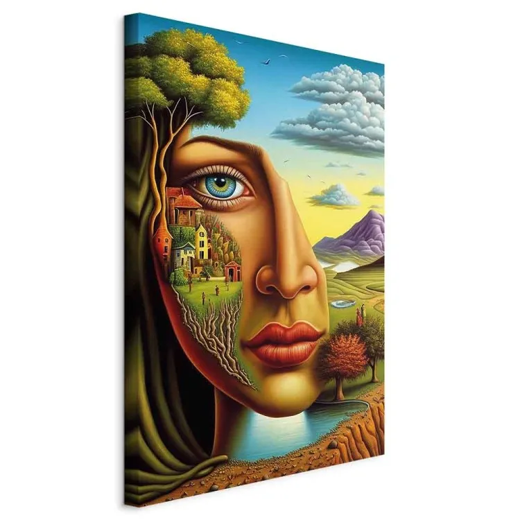 Abstract Portrait - A Face Against the Background of Mountains and a Small Town