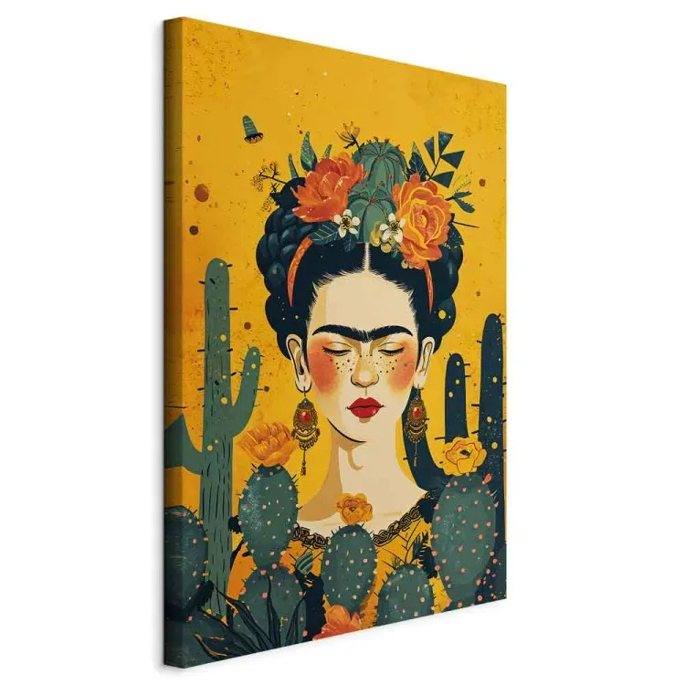 Frida With Cacti - Portrait of the Painter on an Orange Background