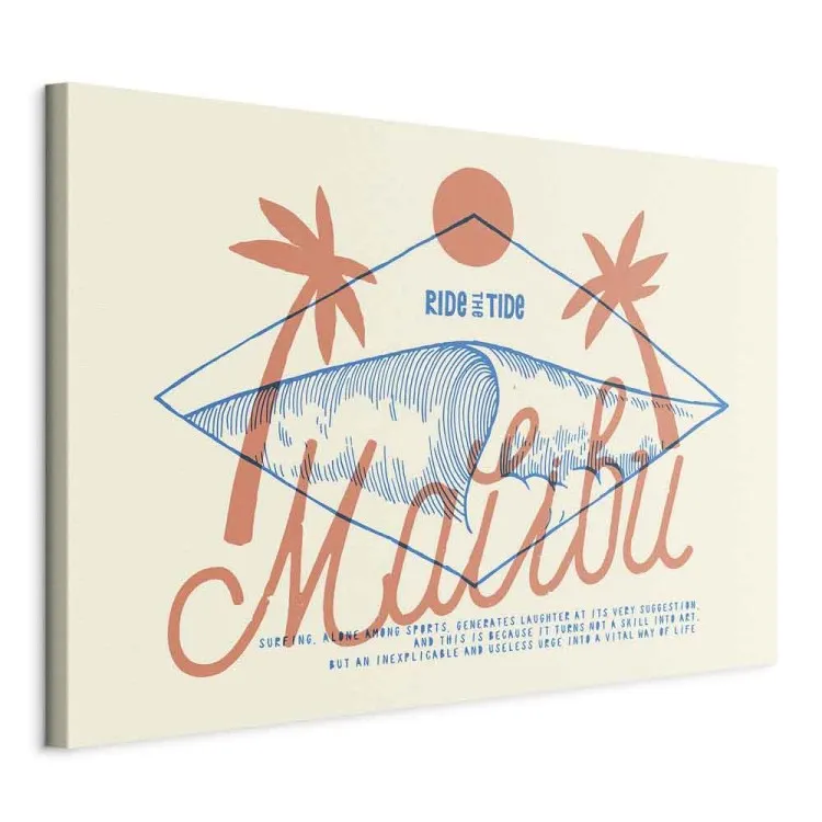 Malibu Surfing - Beach, Palms, Big Wave, and "Ride the Tide" Text