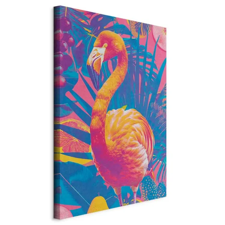 Colorful Flamingo - Exotic Bird Among Tropical Leaves and Juicy Fruits